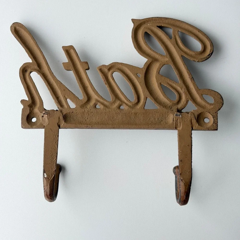 Vintage Cast Iron Bath Wall Hook Rack Rustic Towel Hanger Sign Farmhouse